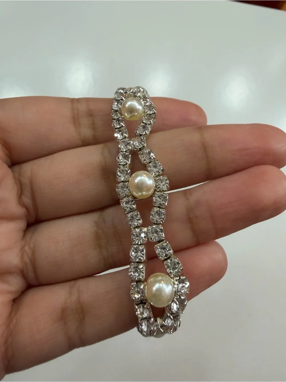 Pearl & Rhinestone Double Strand Statement Bracelet | Sterling Silver and CZ